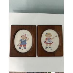 Pair Vtg Framed Cross Stitch Cottage Boy Girl Chef Kitchen Campbell Soup Kids